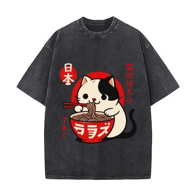 Japanese Cat Eating Noodles Red Bowl Chopsticks Illustration Washed Vintage Short Sleeve Loose Streetwear Tee
