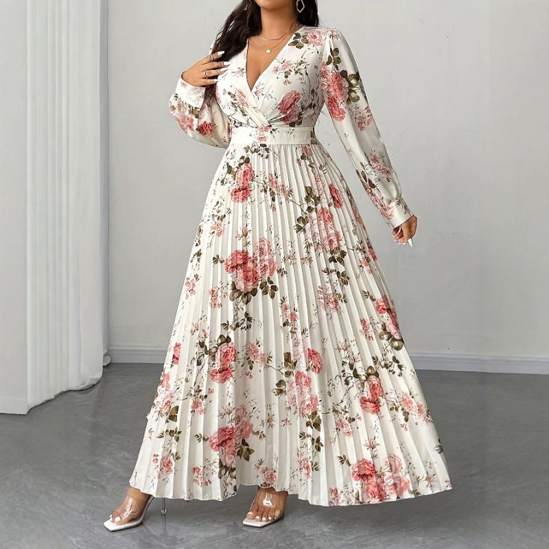 Elegantes V-Ausschnitt Blumenprint Mittellanges Übergrößen Langarmkleid