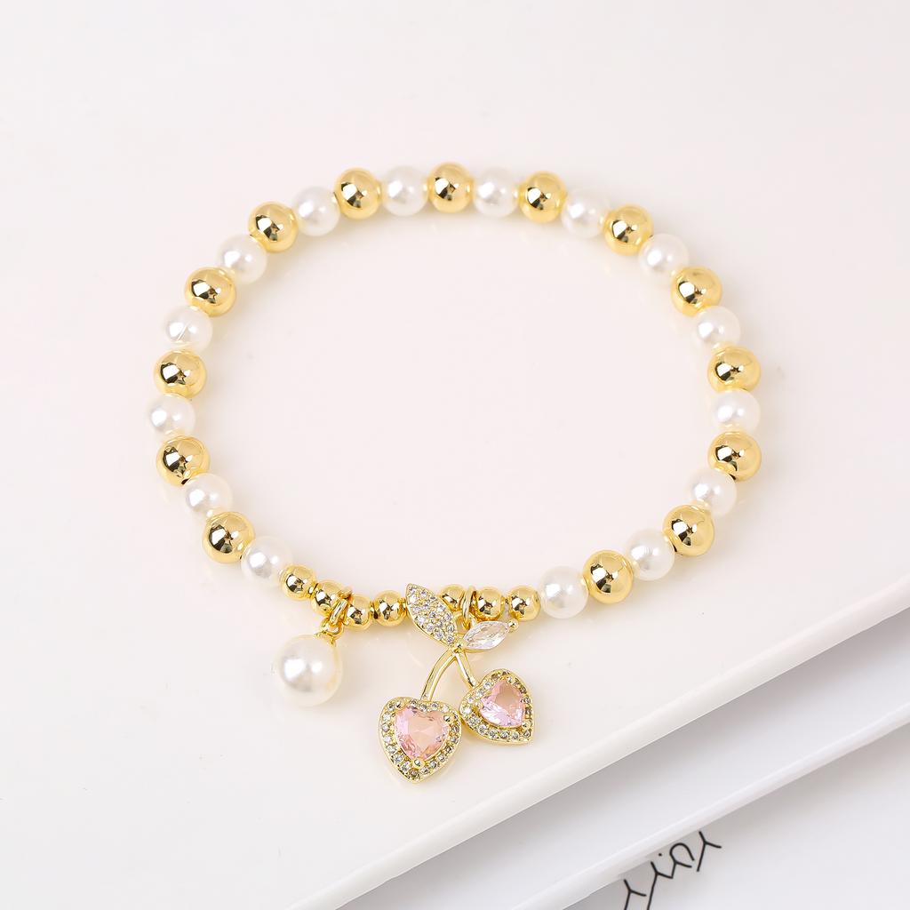 Nouveau Mode Cerise Fraise Cristal Zircone Pendentif Bracelet Élastique Luxe pour Femme Fille Perle Bijoux de Poignet Cadeau de Fête