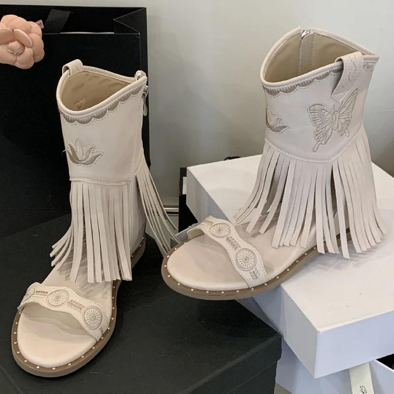 

Fashion Roman Style Tassel Embroidery Butterfly Ankle Boots Women Fashion Open Toe Zipper Summer Boots Comfortable Non-Slip Fashion Boot 35 абрикосовый
