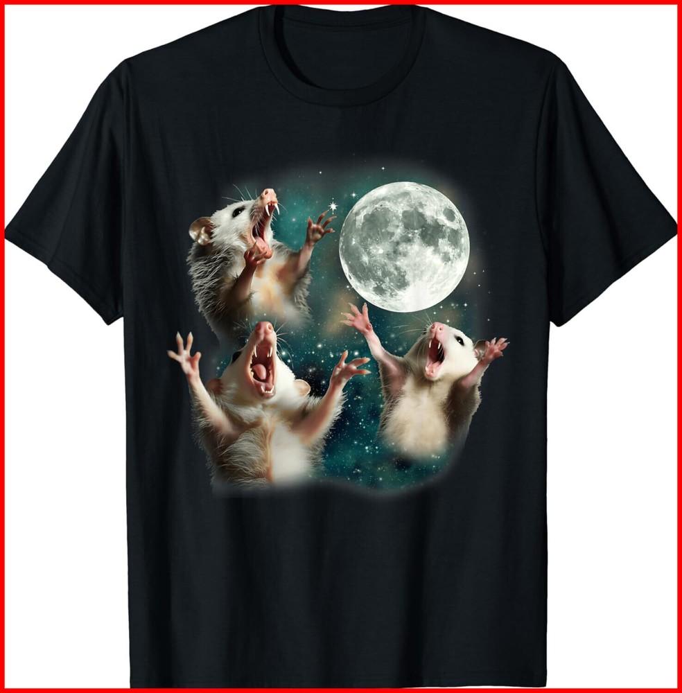 Three Possum Moon Opossum Funny Weird Cursed Meme Black Cotton T-Shirt Unisex T-Shirt XL