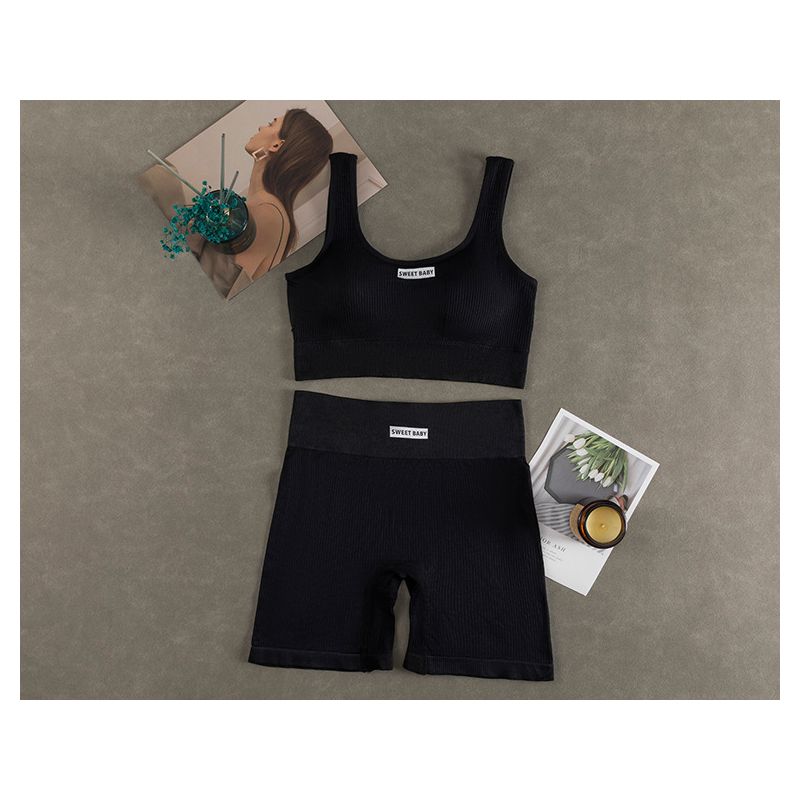 

Two-Piece Sports Suit Yoga Intimates Suit Summer Ladies Underwired Vest with Letters Minimalist Pure Color Shorts Black Suit One size
