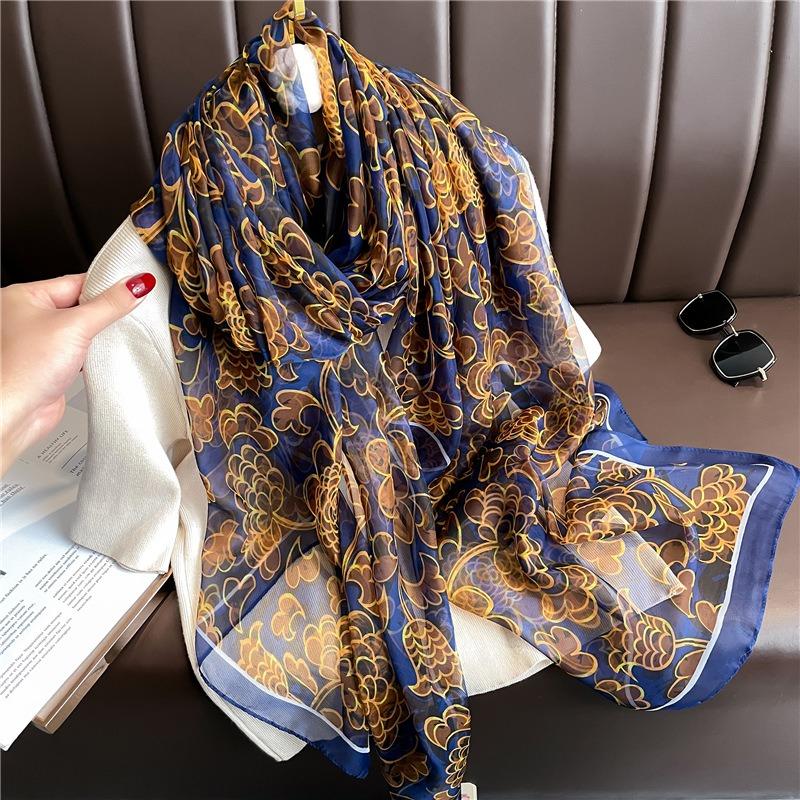Sunscreen light luxury silk scarf commuter large shawl soft yarn scarf temperament flower simulation silk pattern scarf female large size
