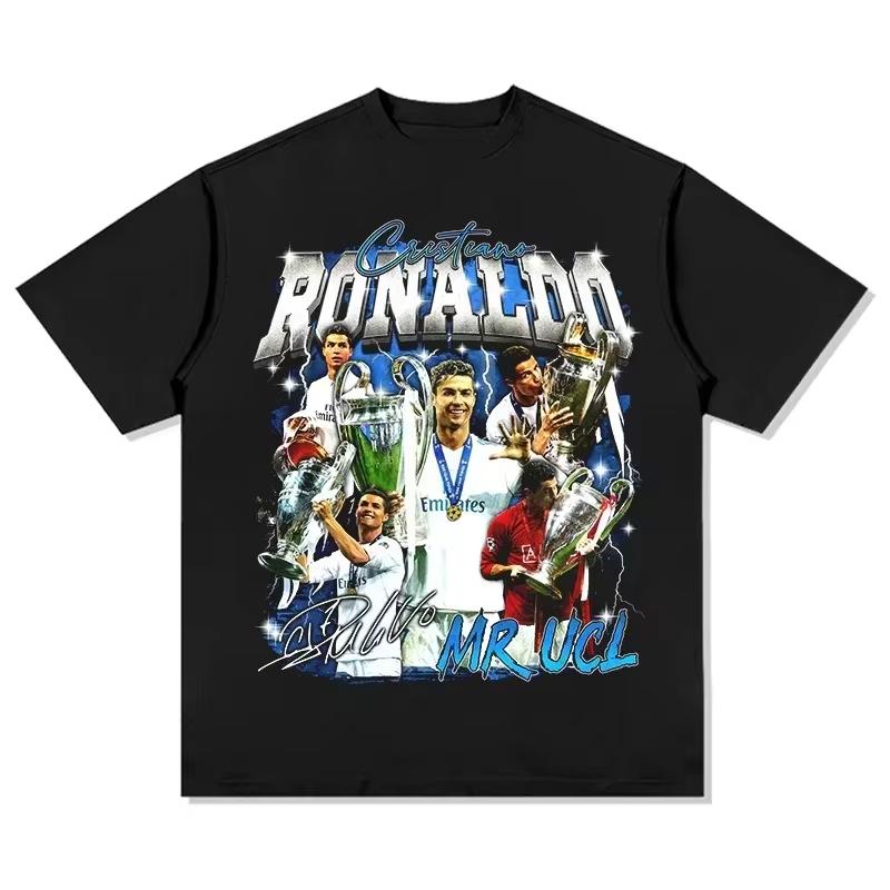 

2025 Винтажные футболки из хлопка с принтом Криштиану Роналду, летняя спортивная футболка для футбольных фанатов, детская и мужская, с круглым вырезом, с коротким рукавом M