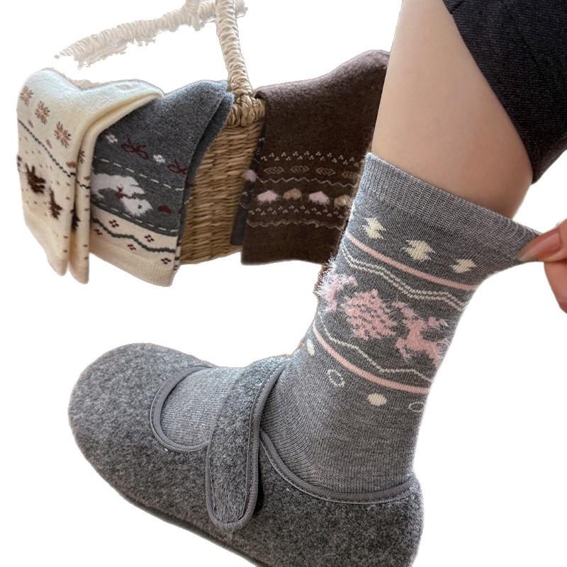 Retro Wool Socks Children'S Warm Thickened Medium Tube Socks Cute Bow Puppy Stacking Socks