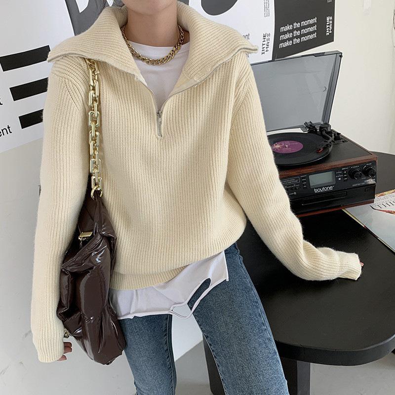 Lapel half zipper knitted sweater women's autumn and winter new commuter versatile loose pullover sweater women