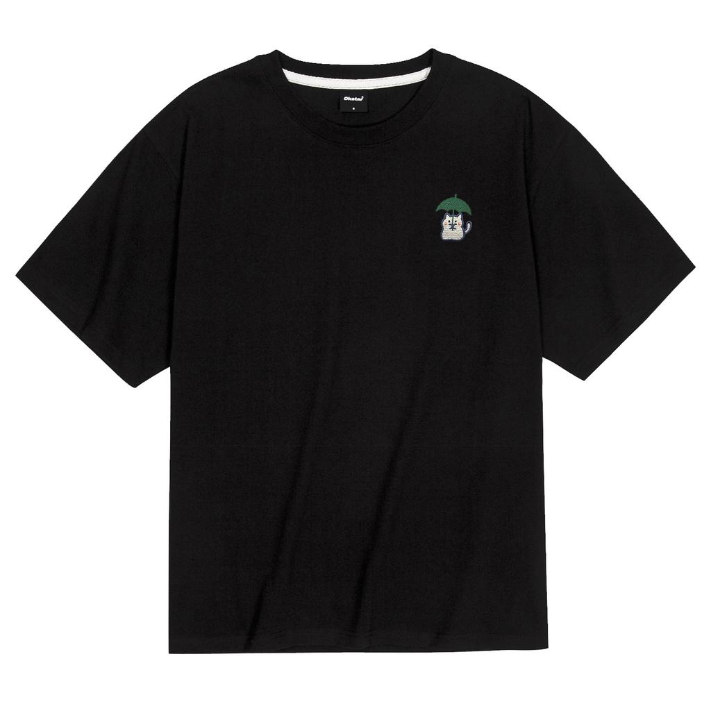 OKSTAR Cool Cotton Oversized Rain Cat Embroidered Short Sleeve Tee