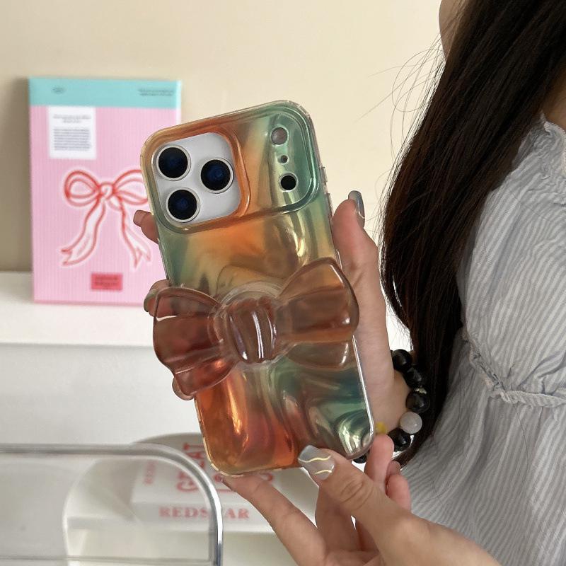 Silk Texture Brown Bow Bracket Phone Case for iPhone 17 Pro Max and Apple 16/15/14