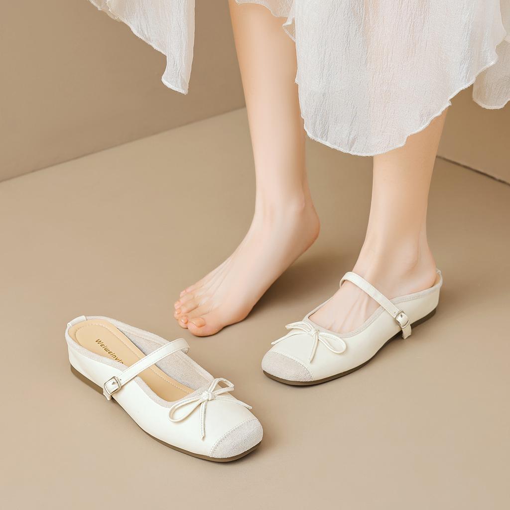 Weiwei girl 863-1 bag head half slippers women's summer wear one word with square head bow inner height-increasing single shoes women