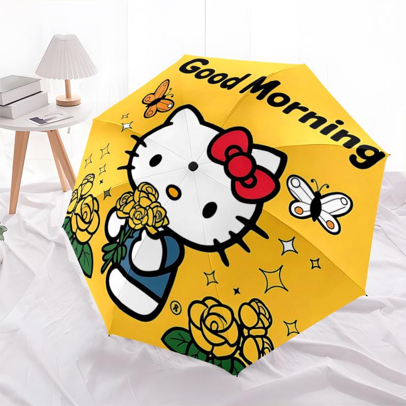 

1pc Hello Kitty Yellow Rose Bouquet Automatic Folding Umbrella - Portable 3-Fold Design with Iron Frame, Outdoor, Gift for Fans, Travelers, Daily Use.