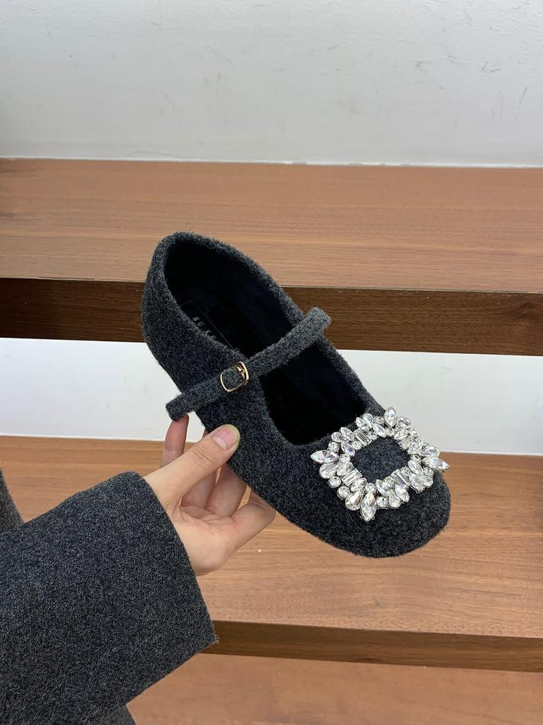 Nische graue Innenhöhenerhöhung Retro Wildleder quadratische Schnalle Strass Samt Mary Jane Schuhe Damen 2025 neue Ballett Baumwollschuhe