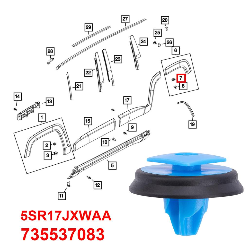 735537083 per Fiat 500L 500X Panda per Jeep Renegade Elemento di Fissaggio per Rivestimento Esterno Passaruota e Clip per Rivestimento
