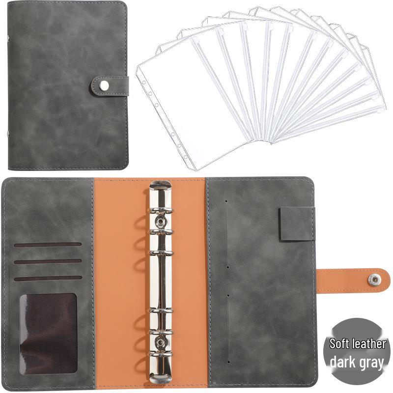 A6 Macaroon Leather Notebook Binder with 12 Refillable Zipper Pockets for Bills and Coins