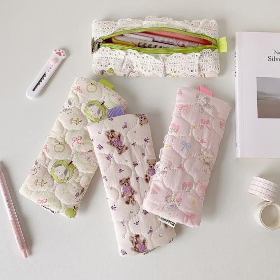 Lace Trim Pencil Case Smooth Zipper Makeup Stationery Storage Bag Cute Pen Organizer for School Office