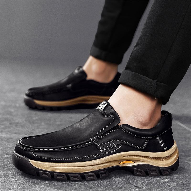 Fashion Mens Leather Shoes Slip On Casual Shoes Wear Resistant Anti Skid Round Toe Loafers Thick Bottom Dress Footwear All Season Soft S