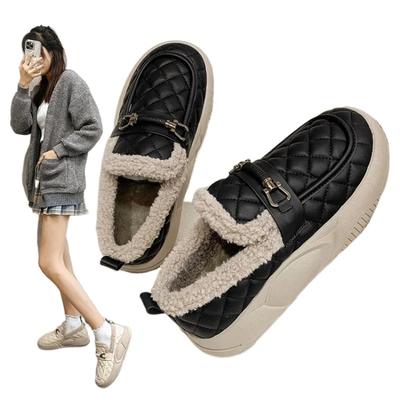 Fashion Velvet Loafers for Women 2024 Autumn and Winter Flat Bottom Anti Slip Warm Cotton Shoes Fashionable Bean Shoes Leather Shoes
