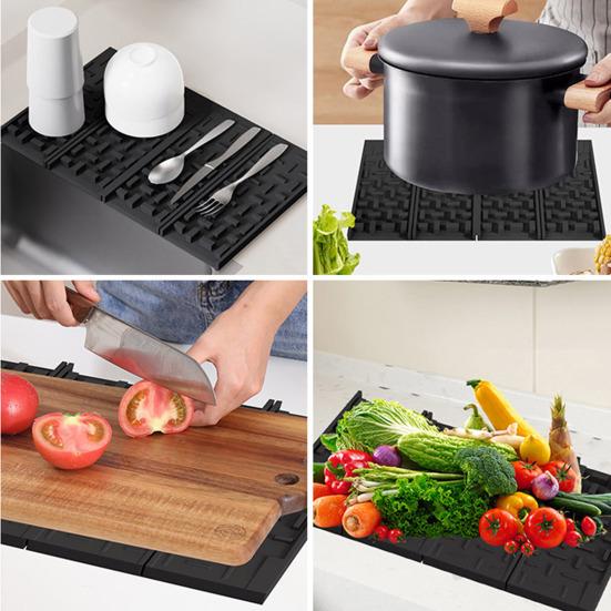 Drain Mat Checkered Four-Fold Silicone Draining Mat with Slope Anti-Slip Dishwasher Safe Quick Water Drainage Kitchen Drying Mat
