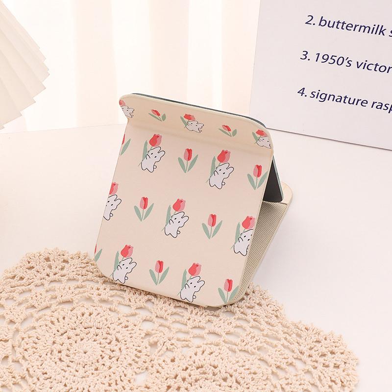 Tisch-Make-up-Spiegel Floral PU-Leder Schlicht Tragbar Handspiegel Faltbar Studenten Kompakt Niedlich Taschenspiegel
