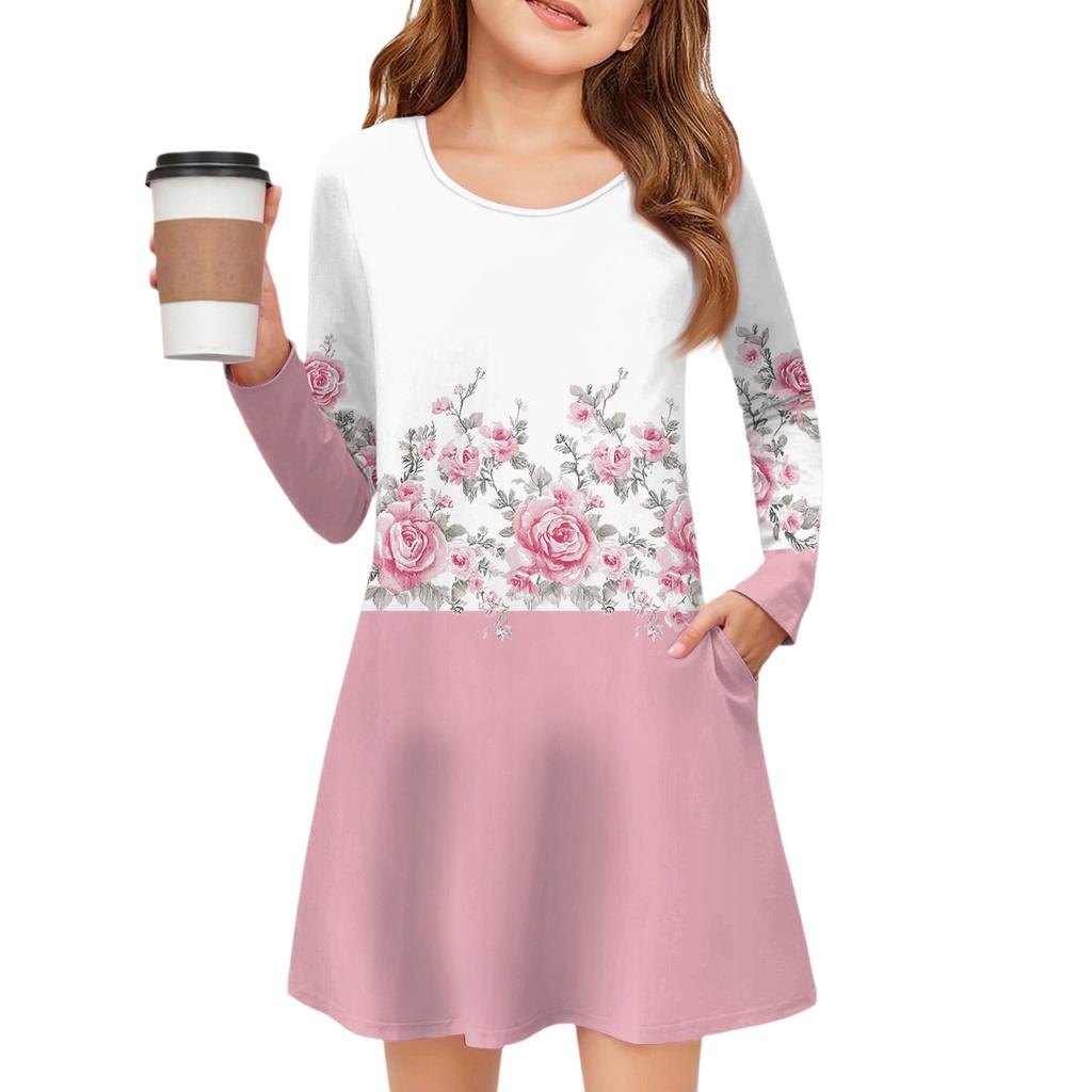 Girls' Long Sleeve Dress - Color Pocket Dress