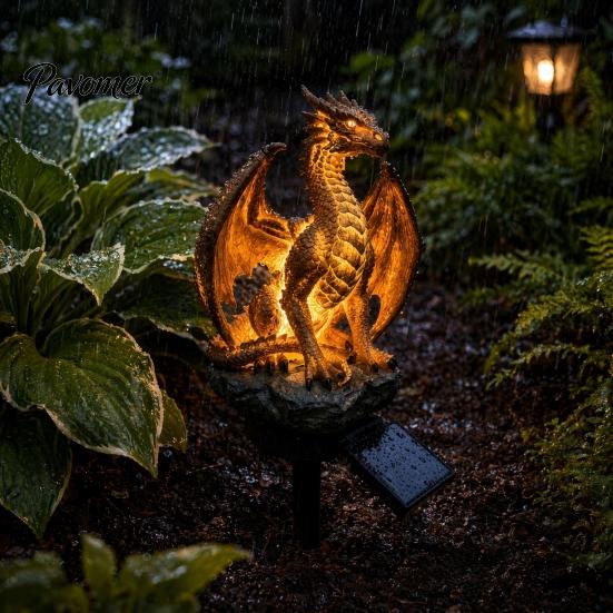 Fantastyczna Rzeźba Ogrodowa ze Światłem Smoka, Solarna Lampa Ogrodowa, Zewnętrzna Gotycka Średniowieczna Statua Lampy, Wodoodporna do Dekoracji Patio Trawiastego Żywicą, Chodnika