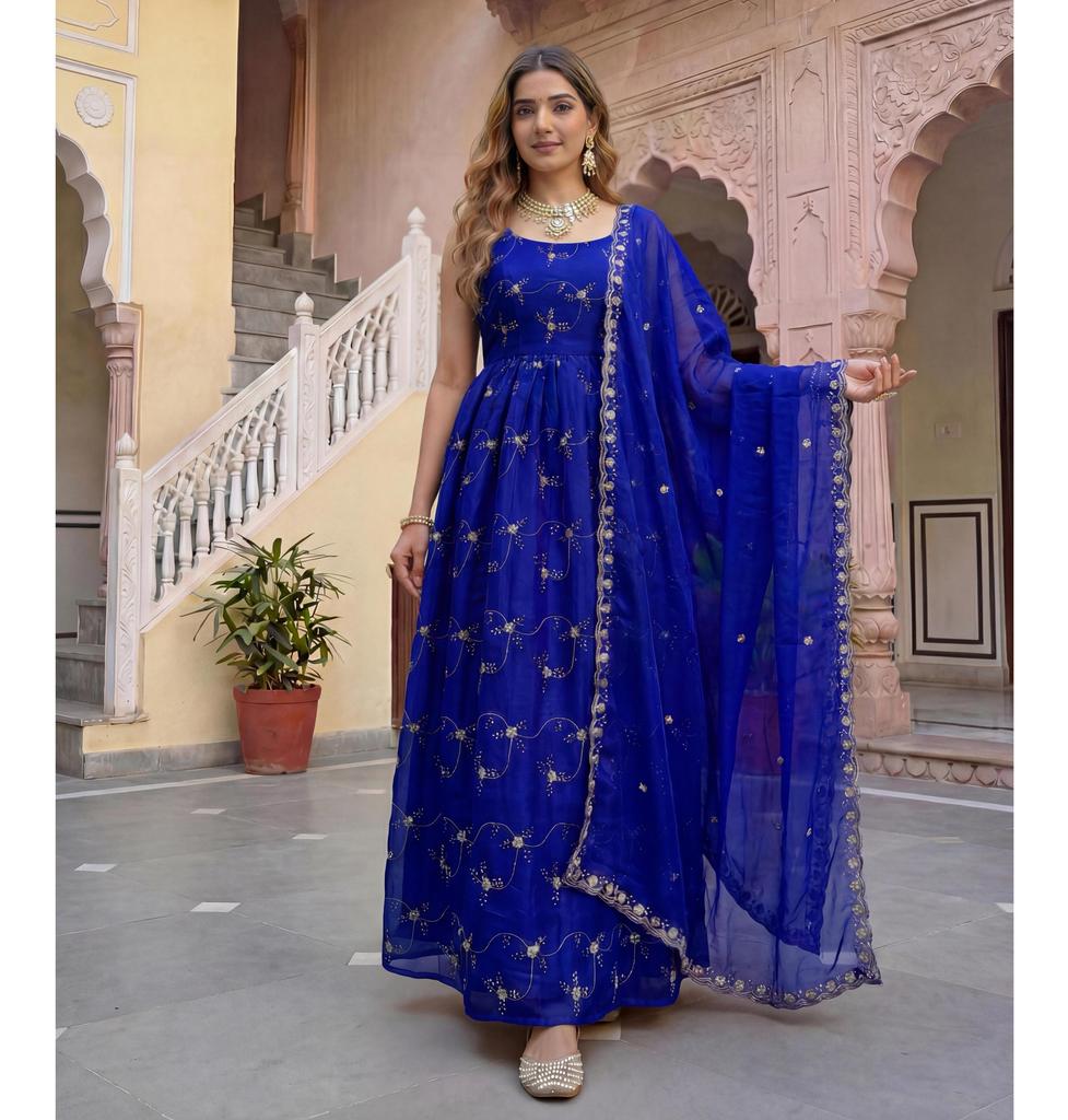 Donna Designer Anarkali Fandy Seta Abito Pantalone Dupatta Set Abbigliamento da Festa Bollywood Salwar Suit