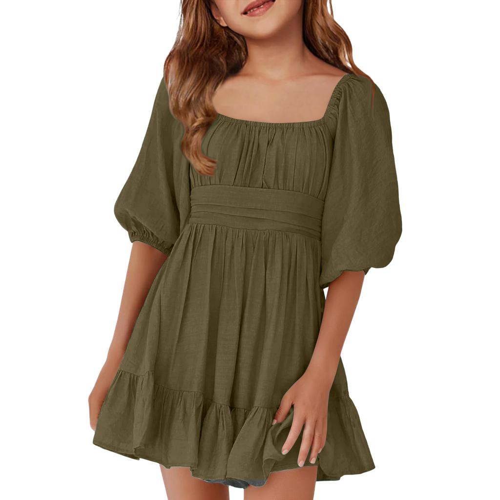 Children's Casual Bubble-Sleeve Backless Waist-Tied Bow-Pleated Dress