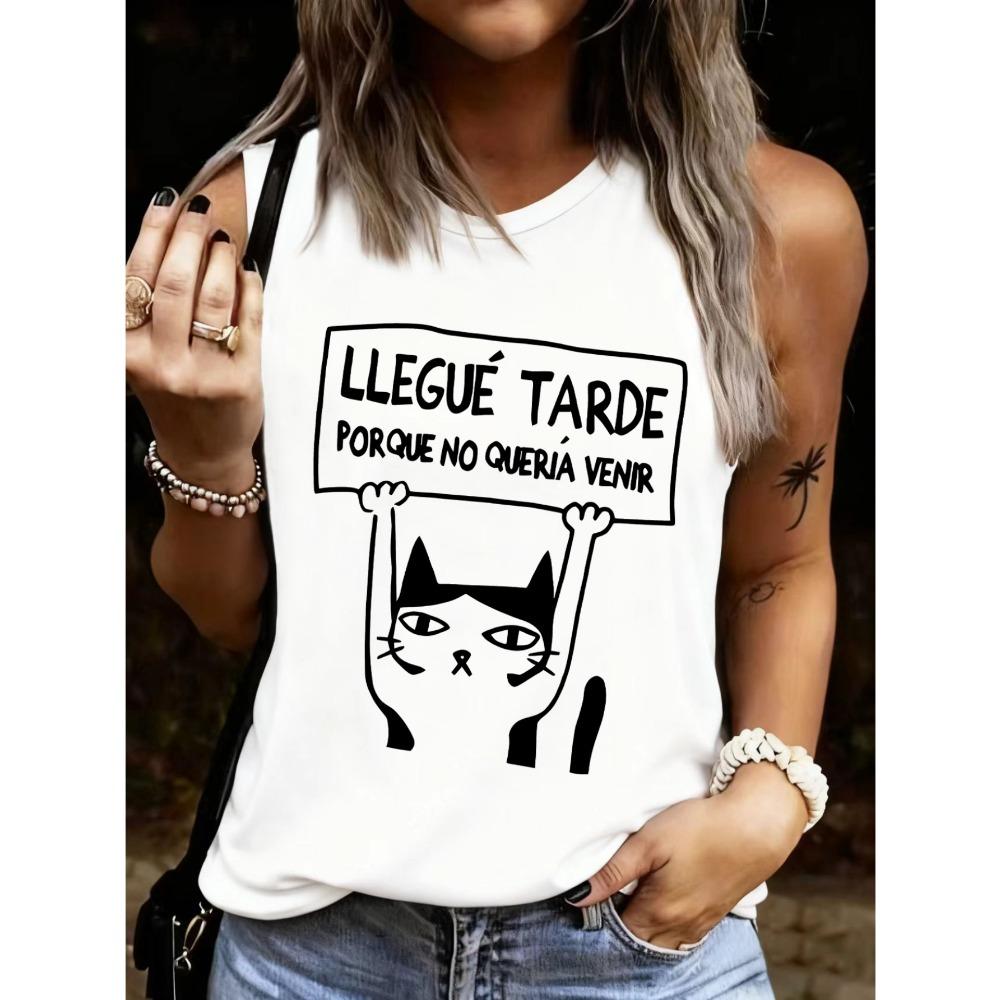 Fun cartoon cat tag printed vest, humorous design women's printed vest
