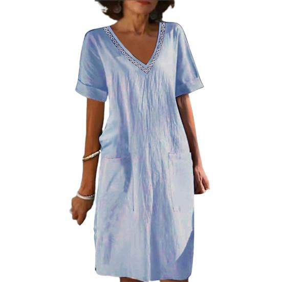 Damen Sommerkleid V-Ausschnitt Kurze Ärmel Knielanges Kleid Lässige Alltagskleidung Midikleid