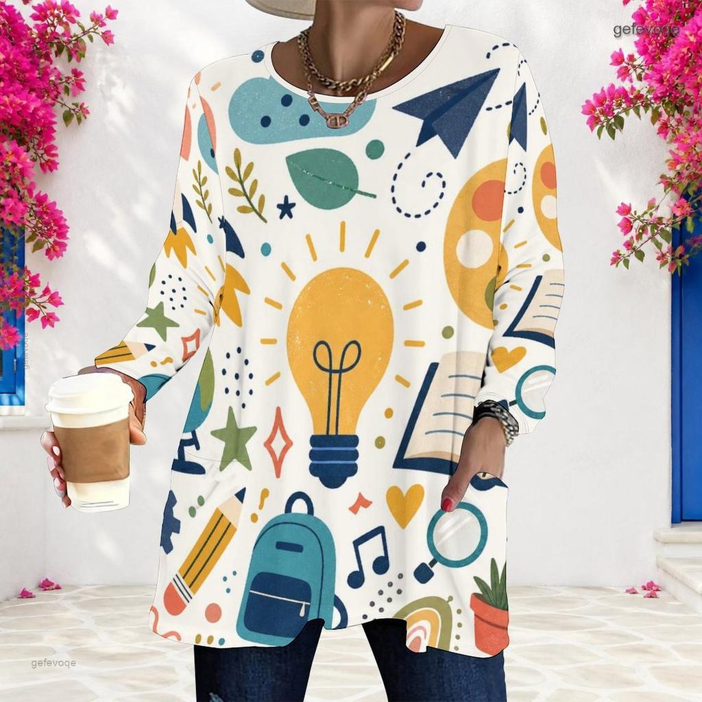 Women Plus Size Round Neck Long Sleeve Cartoon Excavator Printed Loose Longline T Shirt With Pockets