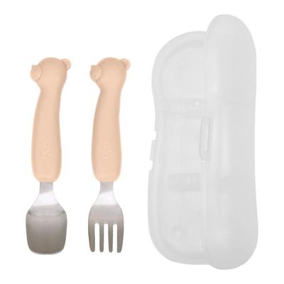 TGM Portable Bear Silicone Petit Stainless Steel Spoon + Fork + Case Set, 1 Set, Sand Beige