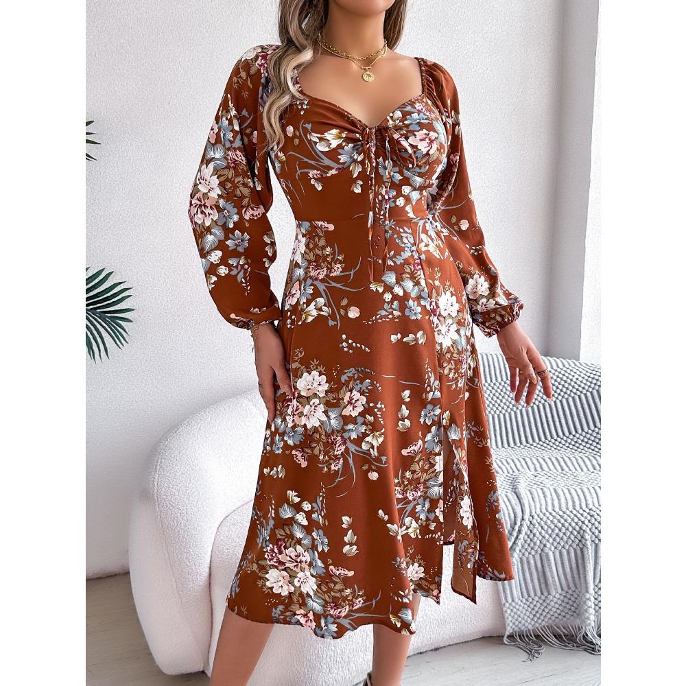 Spring Summer Sexy Tie Knot Floral Long Sleeve Split Dress Women's Dresses Skirt
