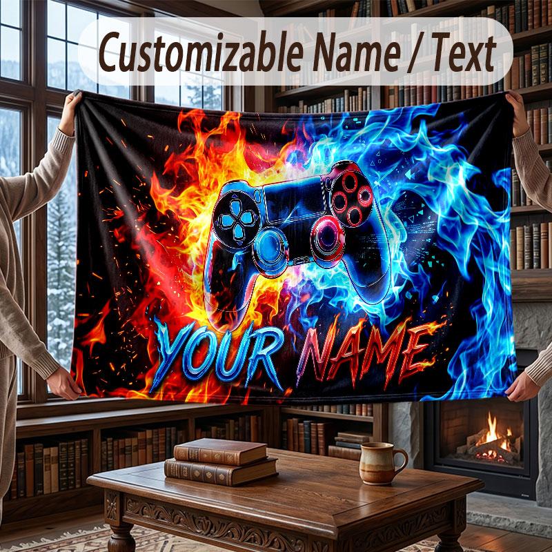 Game Controller Theme Throw Blanket Custom Name Text Personalized Blanket Soft Cozy Blanket for Home Sofa Bed