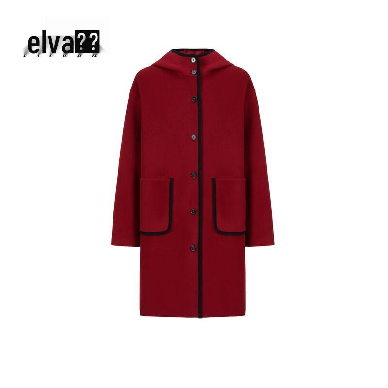 

Elva Island Women s Color-Block Hooded Short Wool Coat M