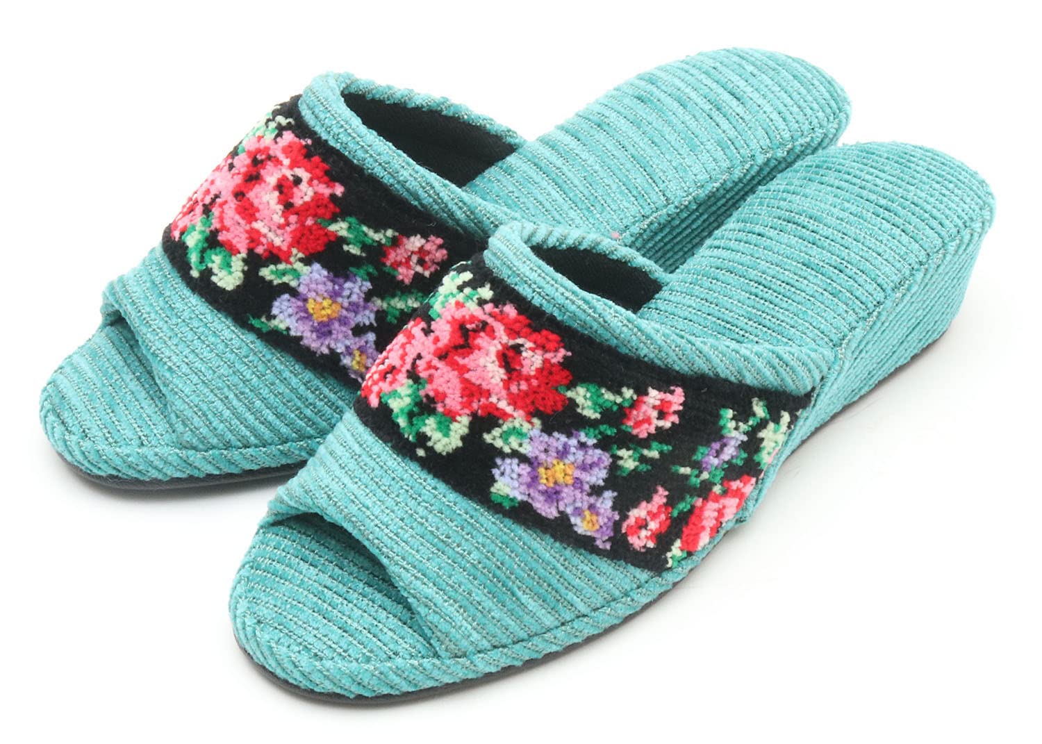 Made in Japan Chenille Pantaloon Slippers Heeled Sandals Room Shoes Rose Pattern Green 6590₽