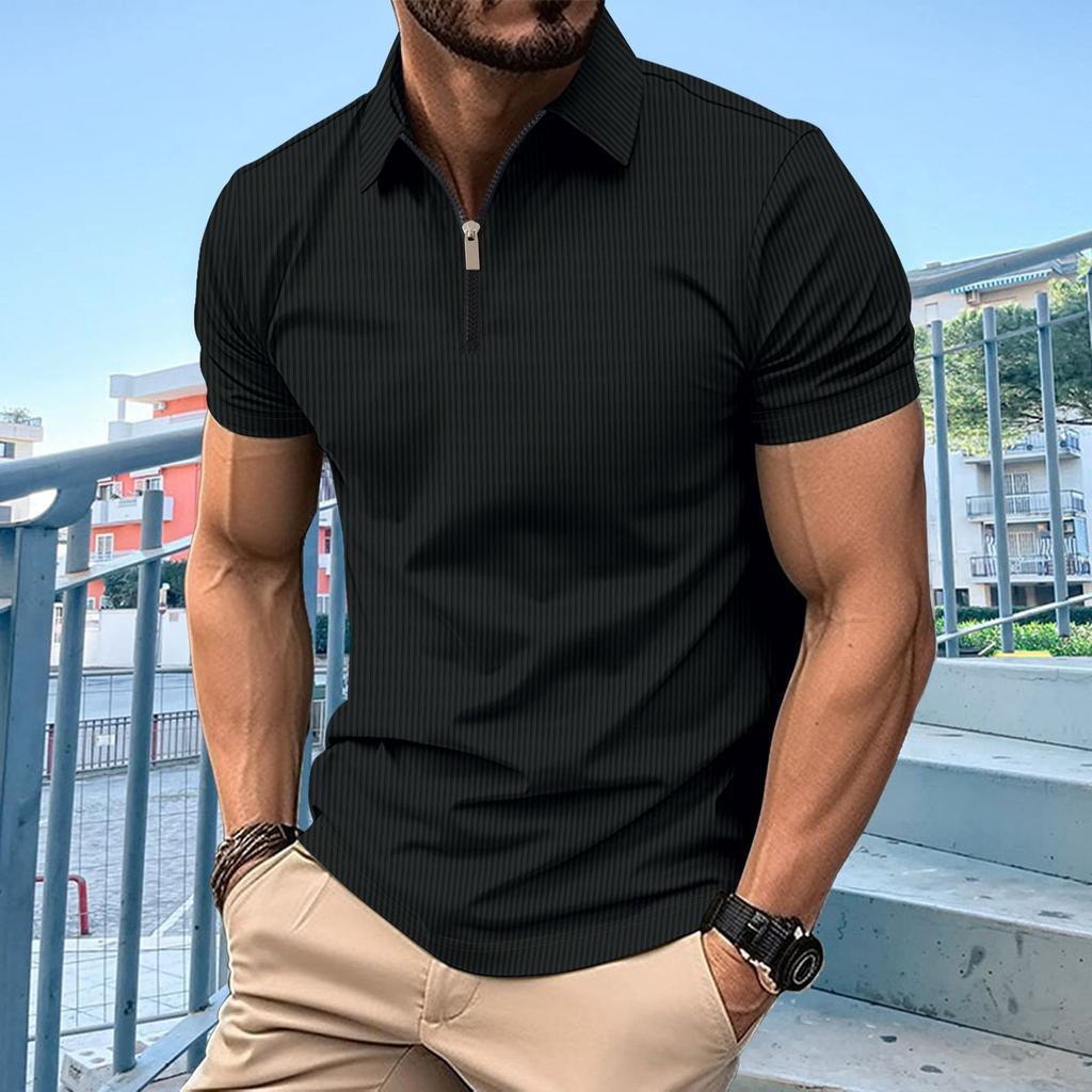 Men's Polo Shirt Zipper Solid Color Short Sleeved T-shirt