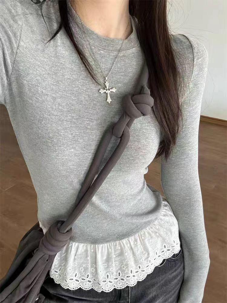 

Front shoulder warm German velvet lace long-sleeved T-shirt for women s autumn and winter with ruffle edge slim-fit bottoming shirt top s (recommended within 50kg ) серый