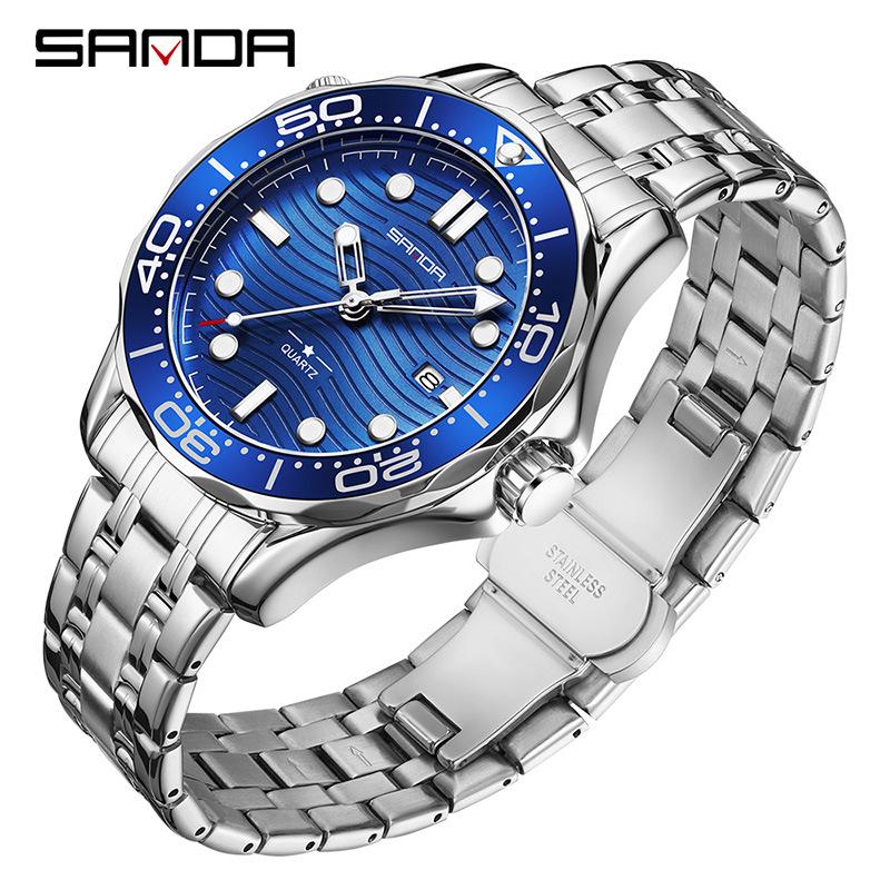 

SANDA Men s Quartz Watch Multifunctional Waterproof Luminous Calendar Business Men s Quartz Watch серебряный/синий