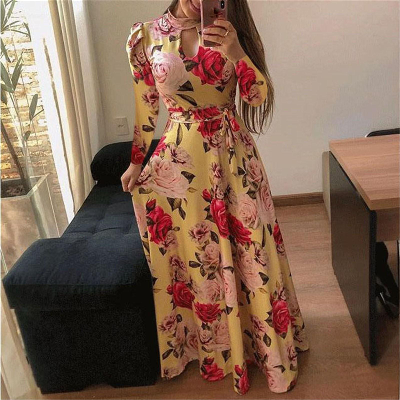 

Fashion Womens Printing High Collar Long Sleeve Big Hem Skirt Casual Dress XXXL жовтий
