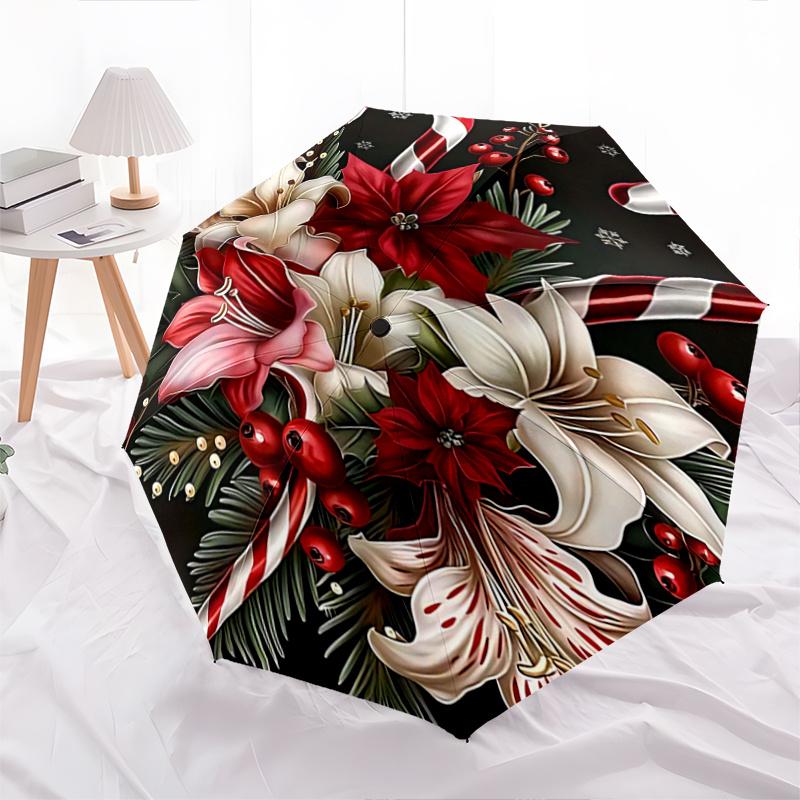 1pc Christmas Candy and Flowers Pattern Automatic Umbrella is Fashionable and Good-Looking, a Portable 3-Fold Umbrella, Suitable for Travel and Daily