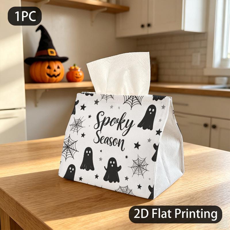 1pc Spooky Tissue Box Suitable for Halloween, Minimalist Monochrome Pattern Tissue Holder, Flat with Decorations For,,, - Tissue Paper Holder, 2D Flat