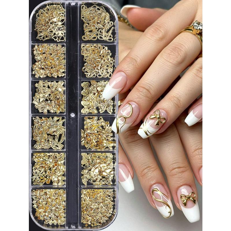 12 Grids Gold Ribbon Bow Knot Metal Cute Nail Decoration Nail Charms Bow Design Mixed Styles Nail Jewelry Accessories Nail Art Supplies