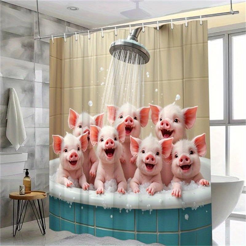 1pc Shower Curtain, Polyester Fabric, Fashion Theme with Playful Baby Pigs Splashing in Bathtub Design, Washable
