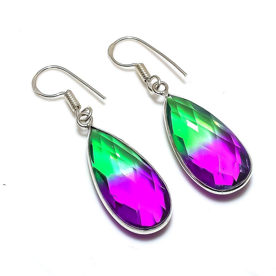 

Подарочные серьги ручной работы из стерлингового серебра 925 пробы с натуральным двухцветным турмалином 1,85 дюйма Z7I53