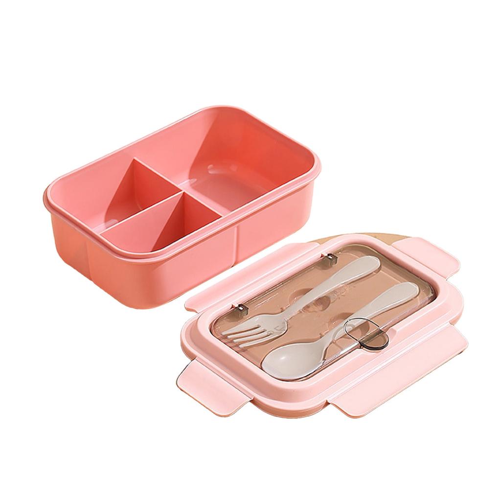 Microwaveable  Portable  Sealed and Insulated 3 Compartment Lunch Box with Fork and Spoon  Pink  Suitable for Students and Office Workers