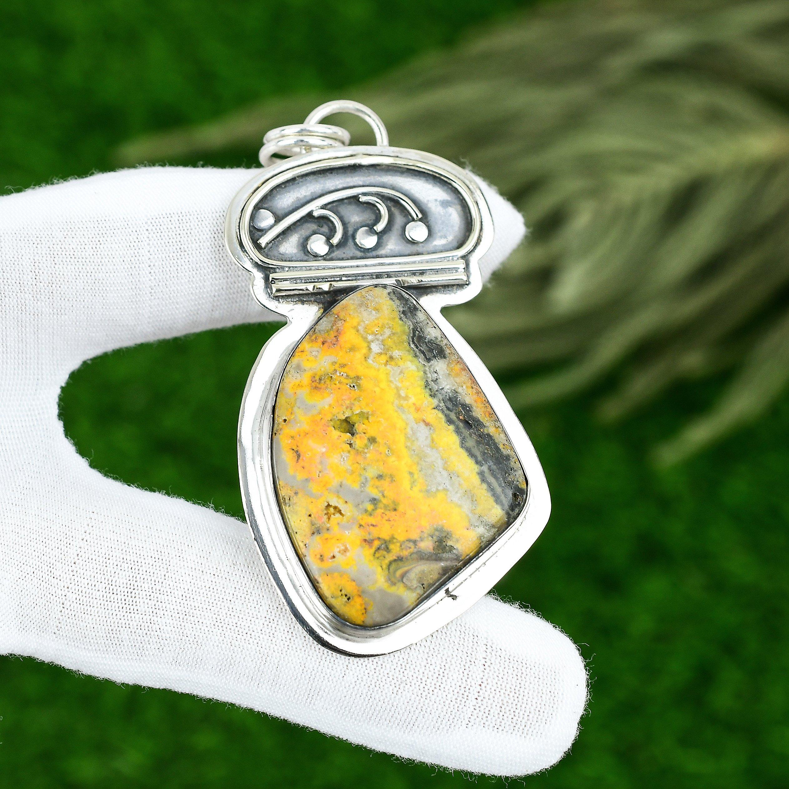

Sterling Silver Trillion Bumble Bee Jasper Stone Bezel Wedding Mother Pendant
