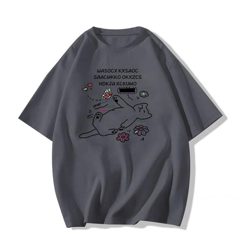 

Женская футболка меланжевого серого цвета в стиле ретро с коротким рукавом - Летний дизайн 2025 года, свободный крой, прямой плечевой шов L темно-серого