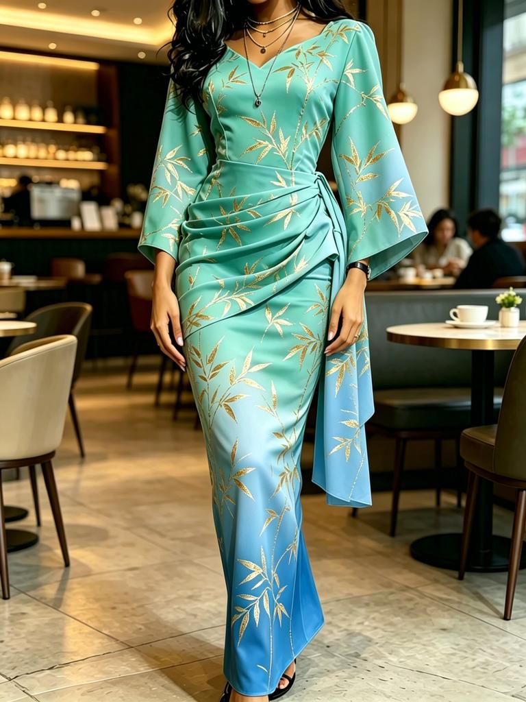 Women's Gradient Green Gold Bamboo Print Maxi Dress V Neck Wrap Waist Flare Sleeve Party Gown