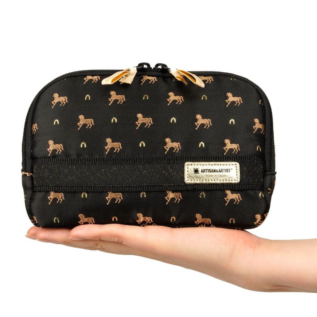 Artisan & Artist Brand Slope-Shaped Makeup Pouch, Pirouette, 3WP-PR110H, Horse Print, Black