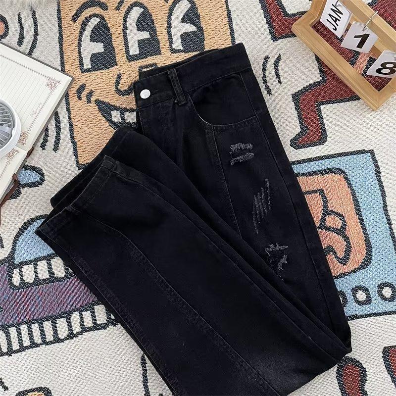 Mens Relaxed Fit Straight Leg Denim Jeans With Distressed Wash Mud Dye Effect Mid Rise Casual Pants