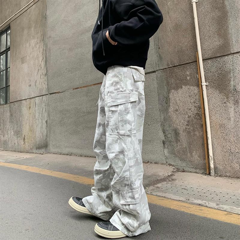 Grey camouflage overalls men's and women's tied feet American high street hiphop wide-leg straight casual long pants tide ins